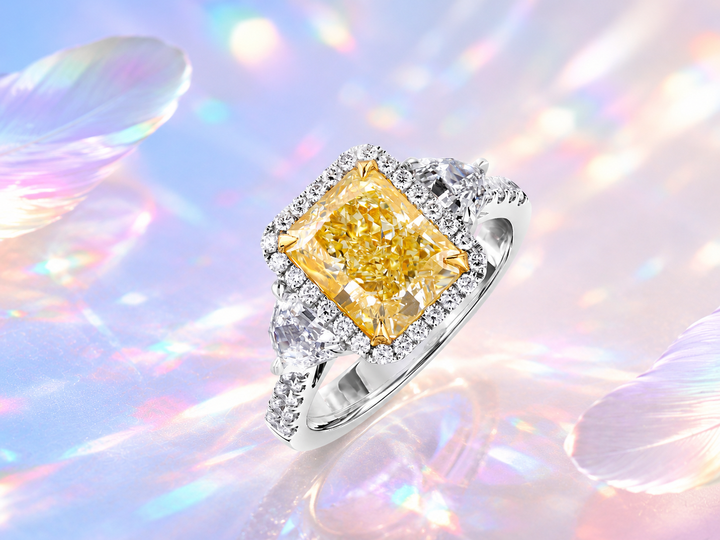 Yellow diamond ring on iridescent background